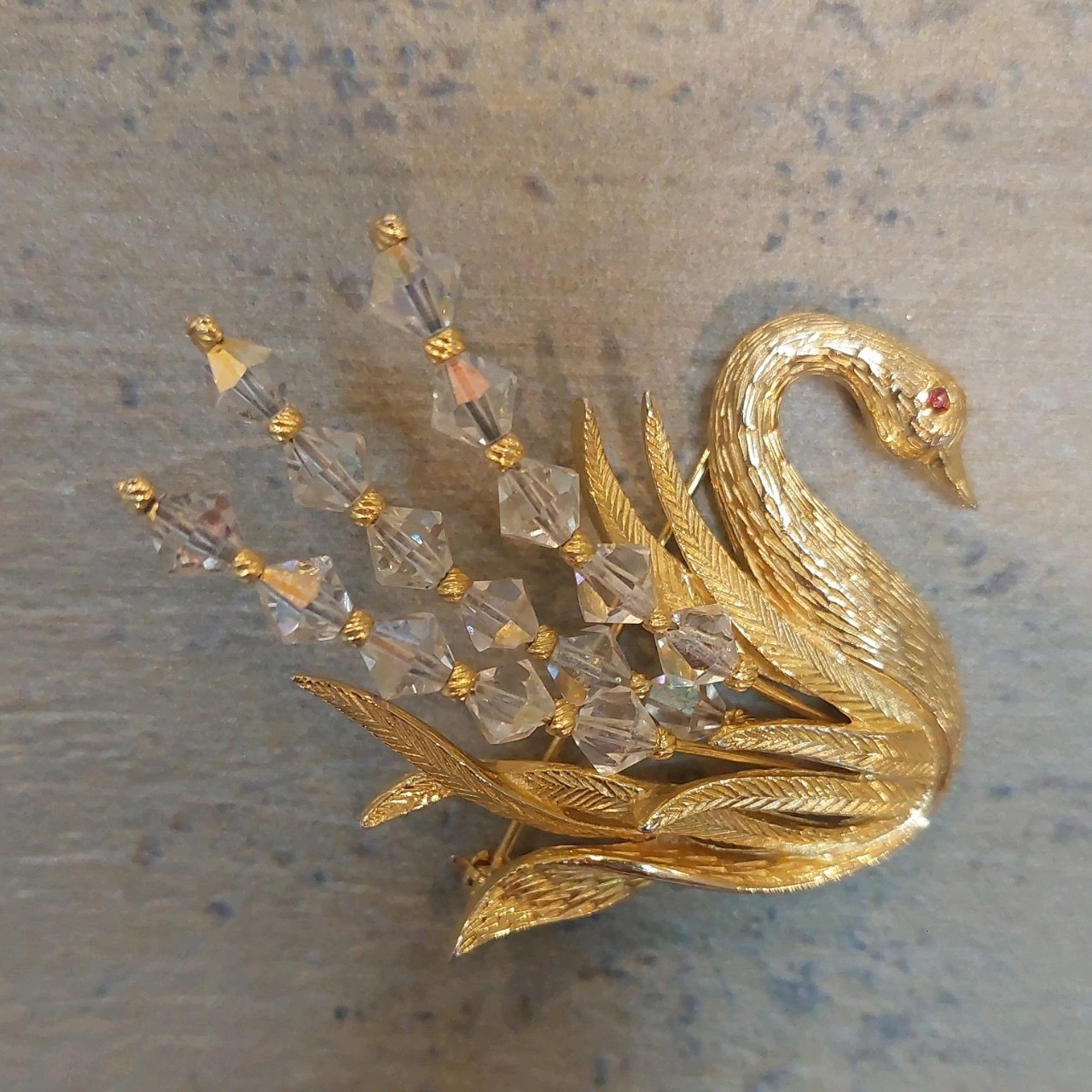 Kramer Bird Swan Crystal Beads Vintage Brooch Signed