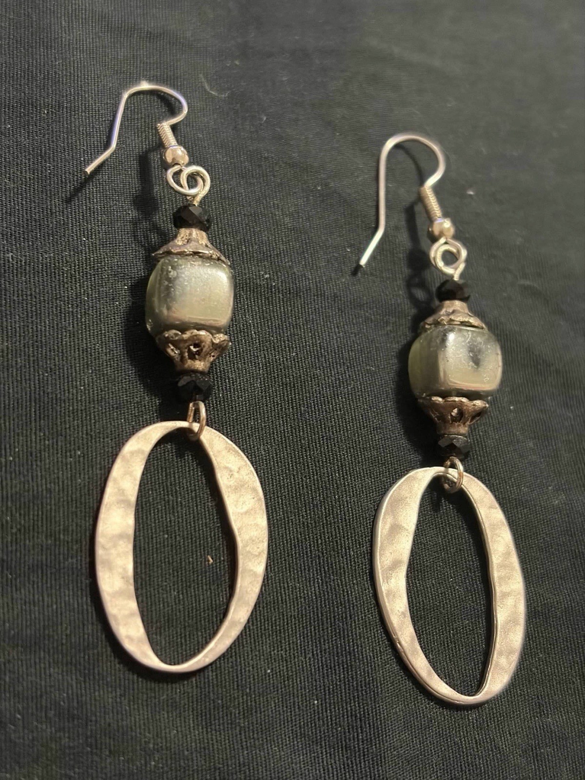 Silver Tone Oval Dangle Earrings Black & Gray Beaded Drop Earrings