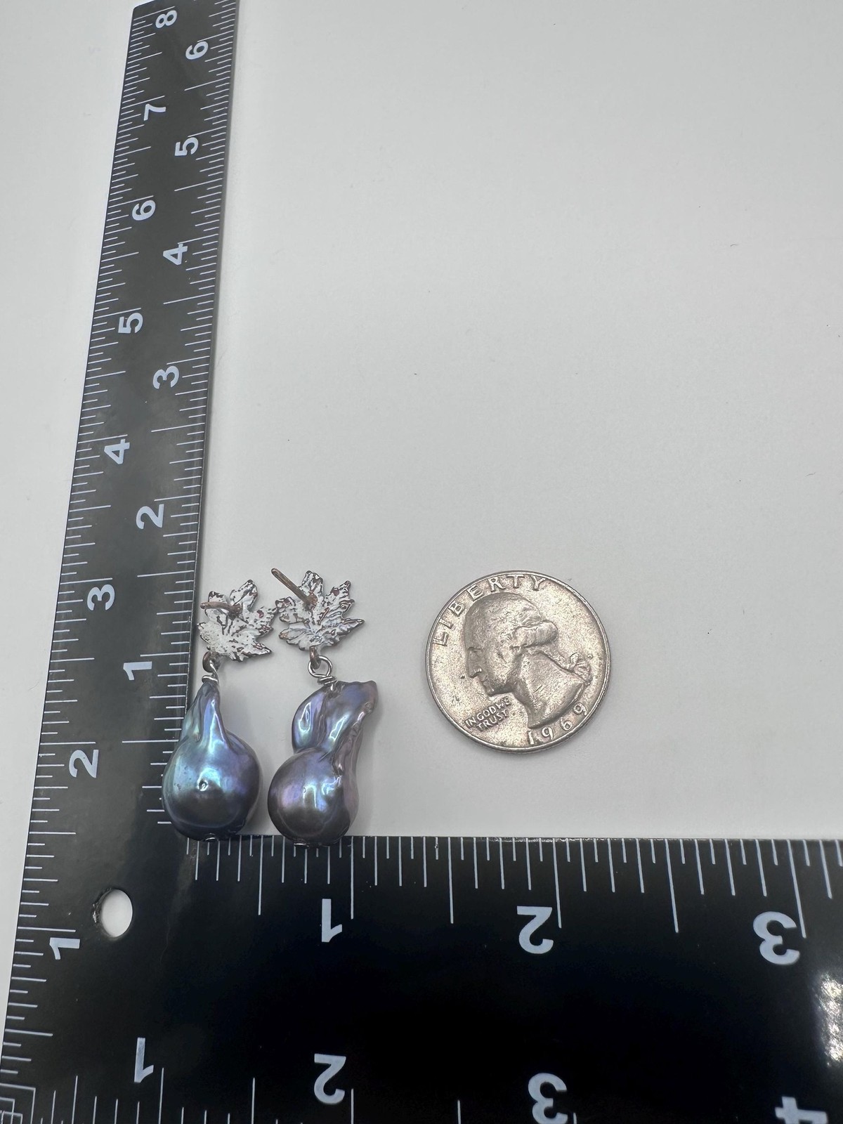 12mm Black Peacock Baroque Pearl Leaf Stud Earrings White Patina Bronze Handmade