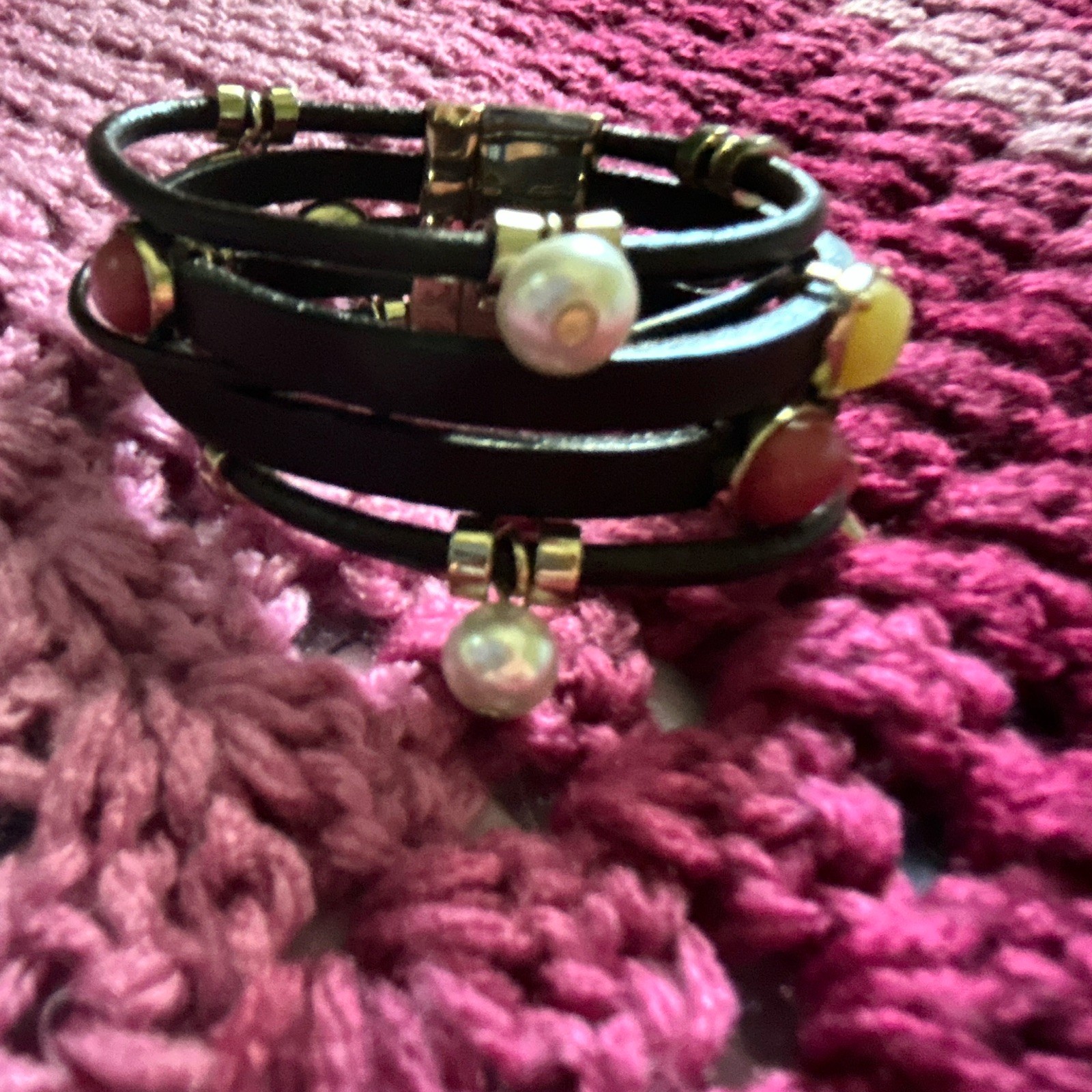 Multi-Strand Leather Cord Glass Bead Charm Bracelet, Brown/Multicolor