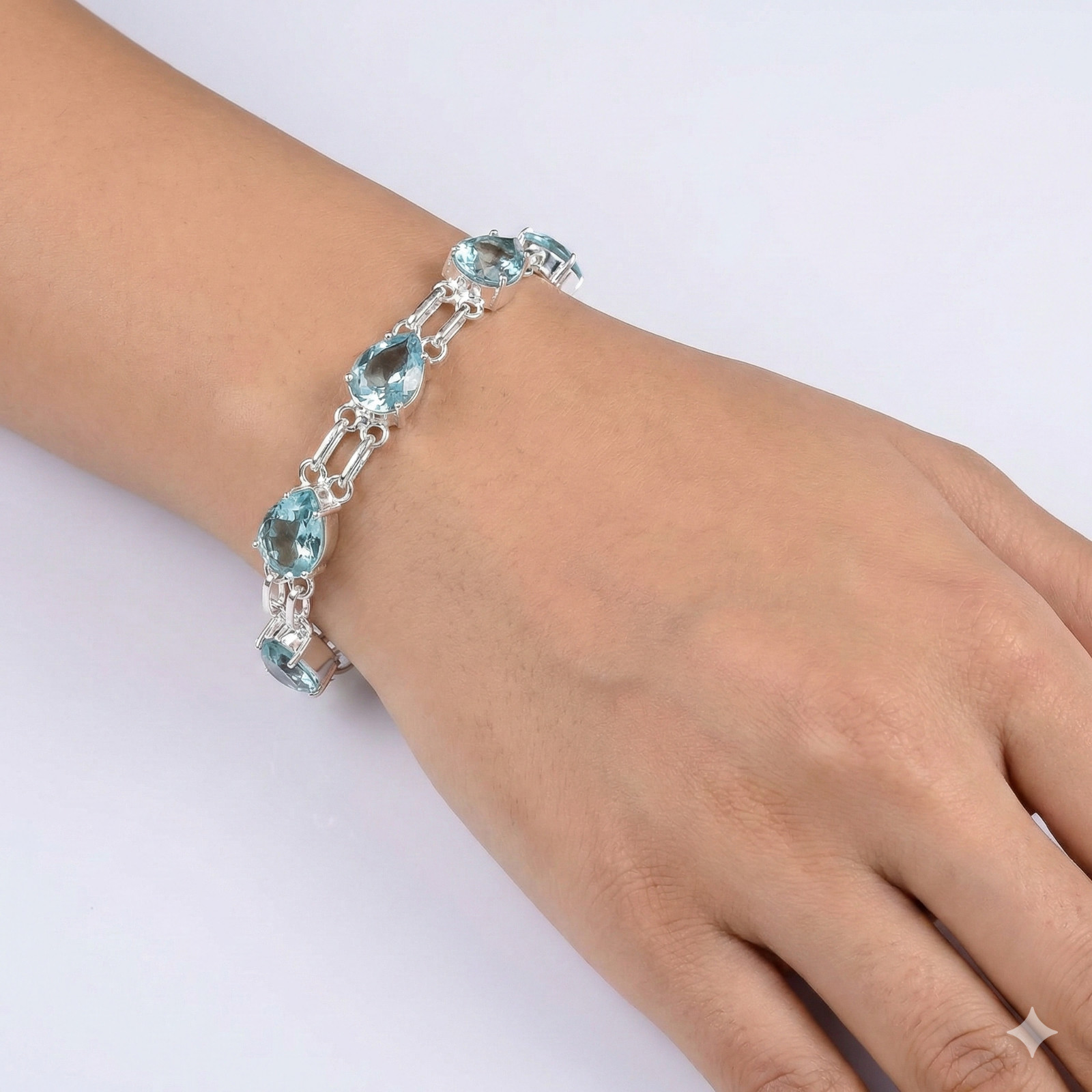 Blue Aquamarine Gemstone Handmade 925 Sterling Silver Jewelry Chain Bracelet
