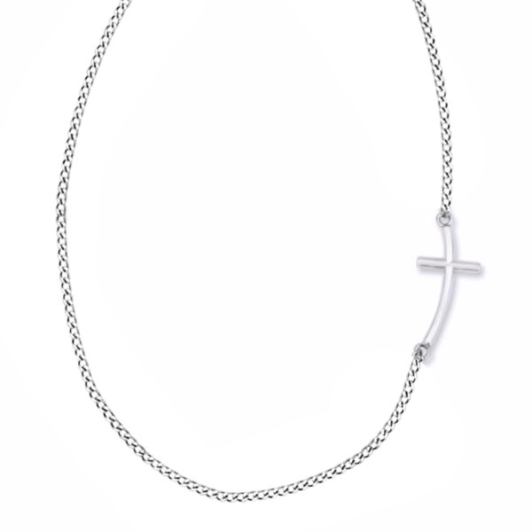 Offset Curved Cross Necklace in Sterling Silver 18″ Chain