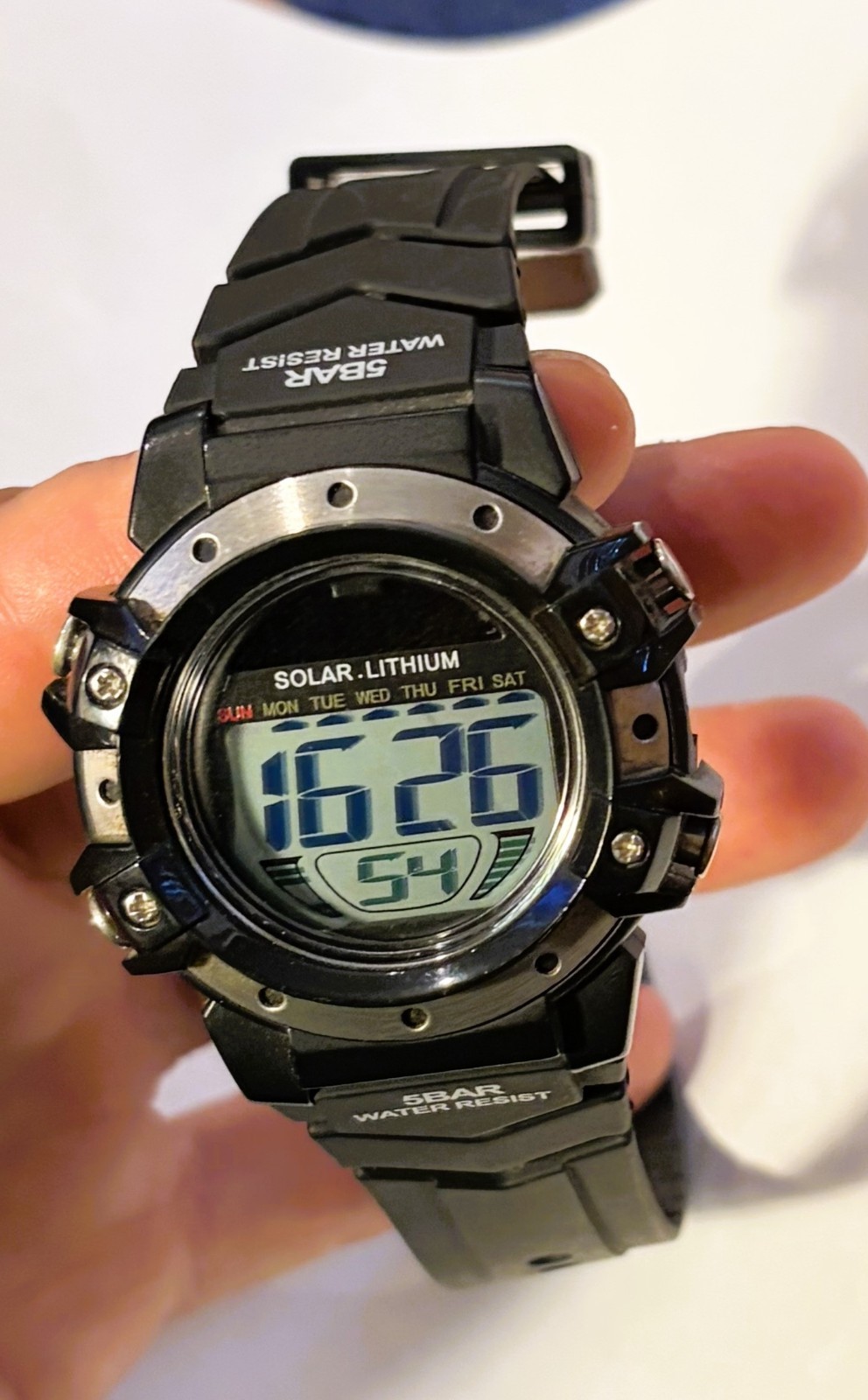 Men’s Sport Watch 5 Bar Solar Lithium WR 50M Digital Black Water Resistant