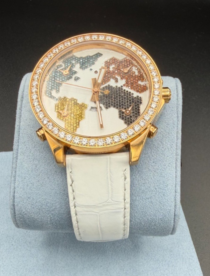 Jacob and Co 5 Time Zone The World Is Yours-multi color map- white strap