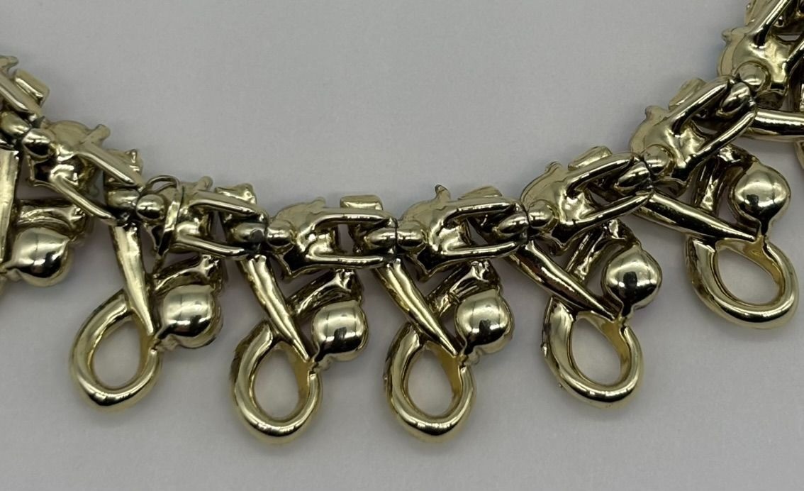 Vintage Mid Century Necklace Ribbon Link Design Gold Tone AB Rhinestone Unsigned