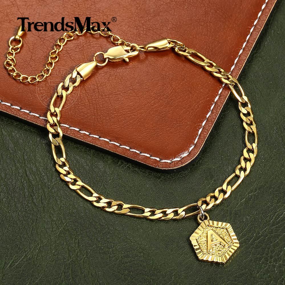 Figaro Chain Initial A-Z Anklet Bracelet Gold Plated Stainless Steel Summer Hot