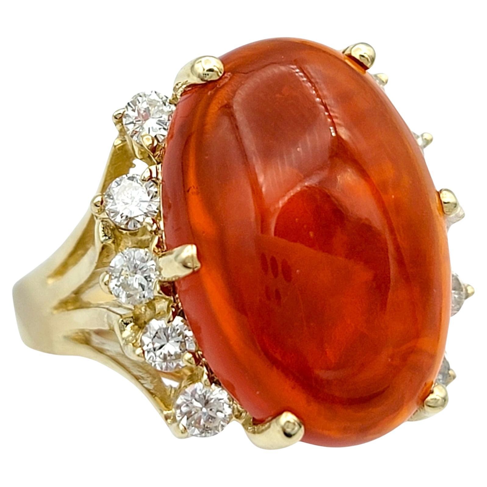 5.59 Carat Oval Cabochon Red Fire Opal Ring with Diamonds 14 Karat Yellow Gold