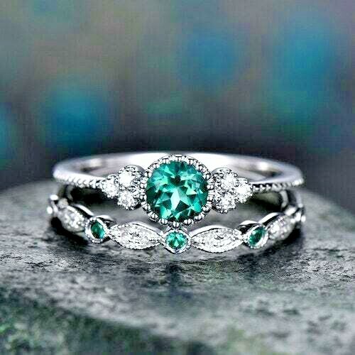 Ring; 2 Pieces14k White Gold Filled Green Zircon Gemstone Handmade Size 7 New