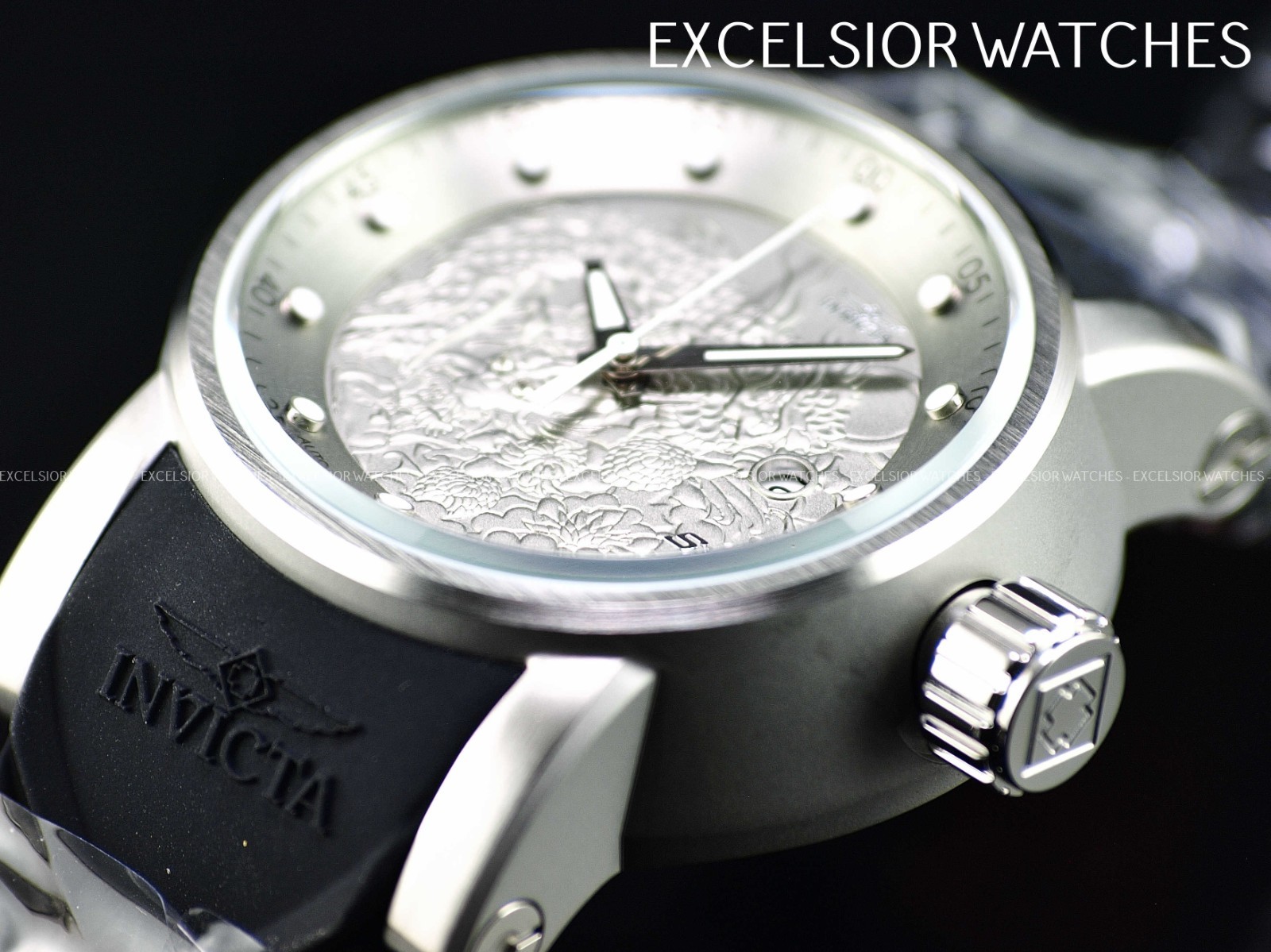 Invicta 48mm S1 YAKUZA DRAGON NH35A Automatic Silver Dial Black Silicone Watch