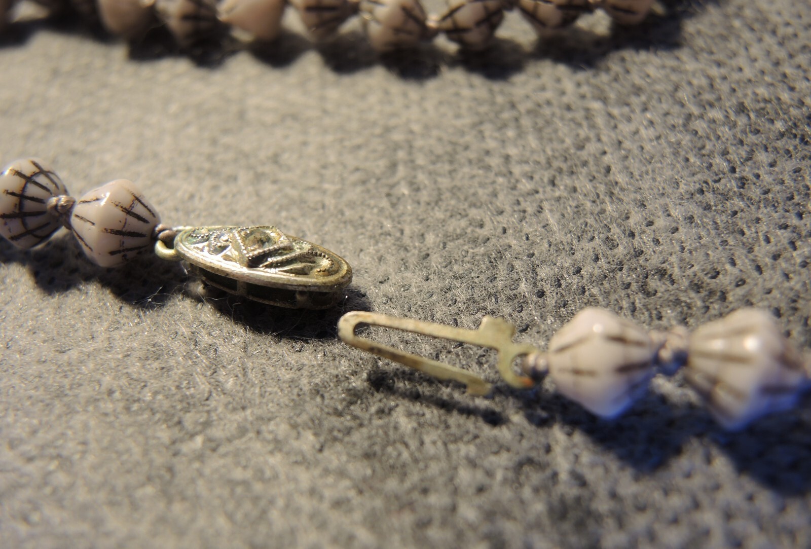 Rare Antique Czech Bohemian Molded Cream Glass Beads Necklace, Knotted