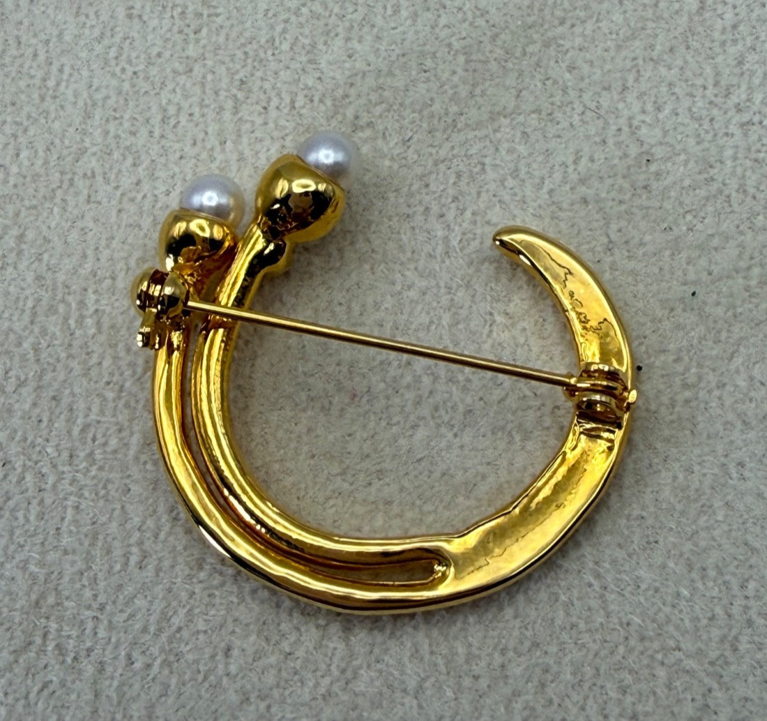 Gold Tone Crescent Moon Brooch Faux Pearl Rhinestone Pin
