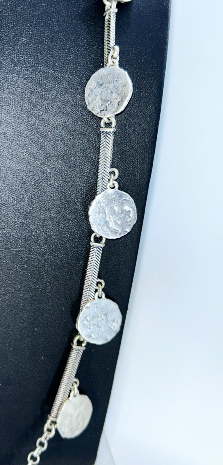 Long Boho Gypsy Style Silver Tone Coin Like Disk Necklace 17″ On 34″ Long