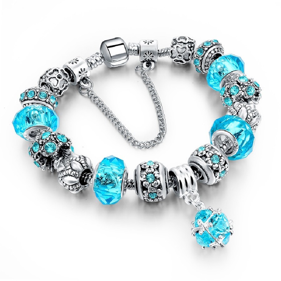 Turquoise Crystal Charm Bracelet Flower Heart Murano Glass Beads Silver 19cm