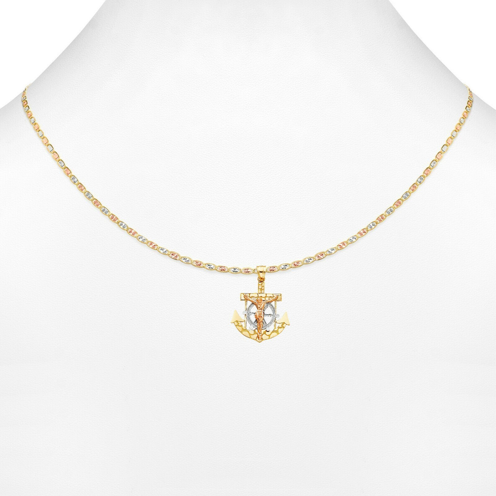 14k Yellow White Rose Real Gold Anchor Jesus Cross Rope Charm Pendant With Chain
