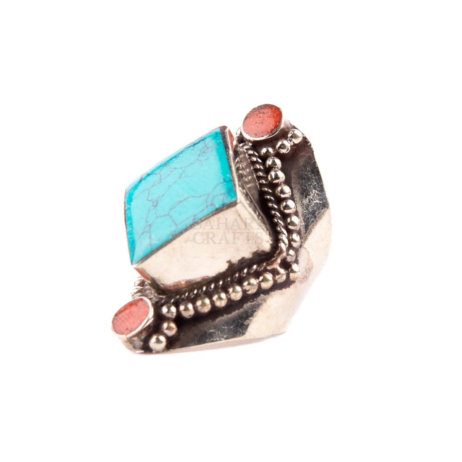 Tibetan Ring, Red Coral Turquoise Stone, Traditional Tibetan Bead Jewelry, 9.25