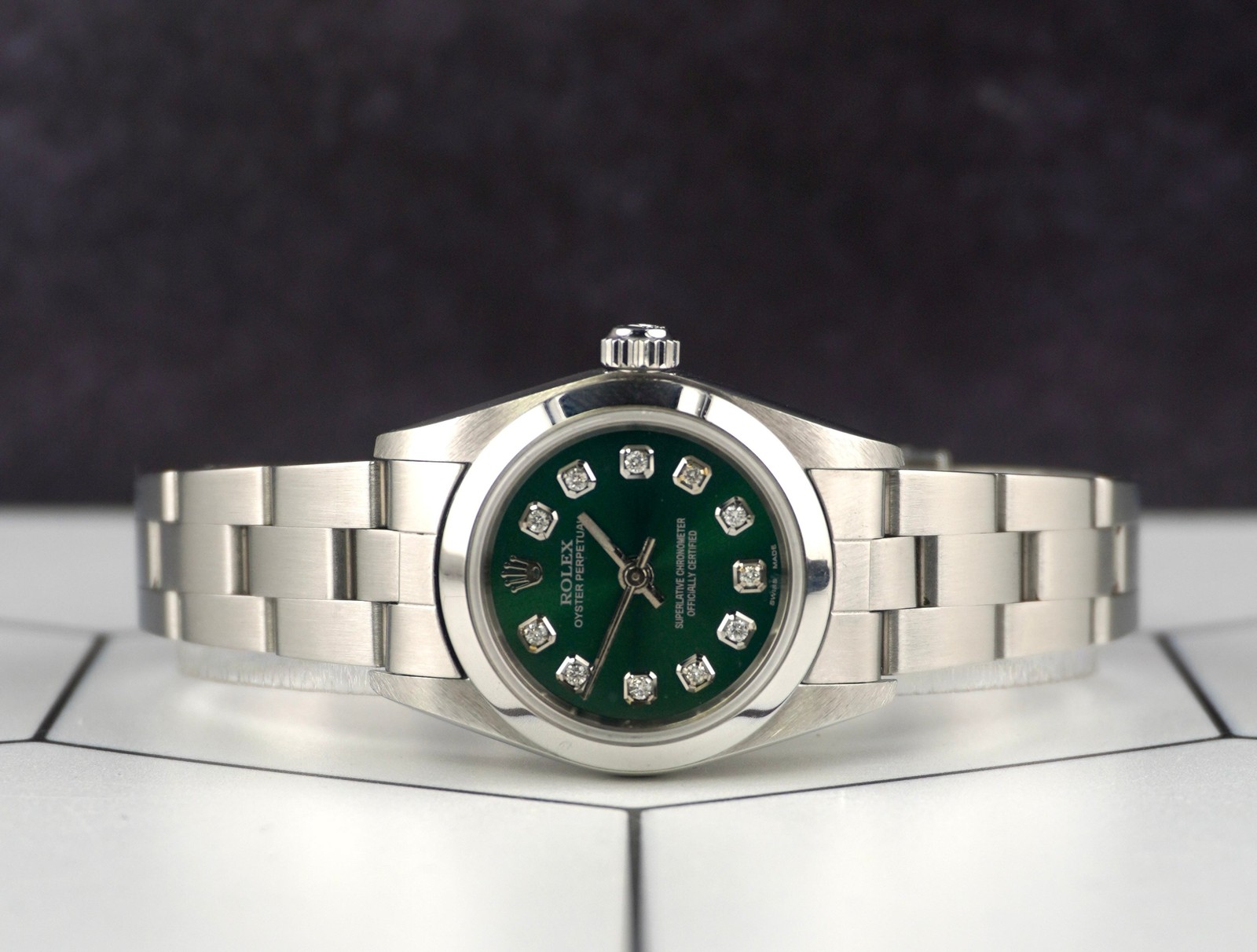 Rolex Oyster Perpetual 25mm Steel Green Diamond Smooth Oyster Watch 67180