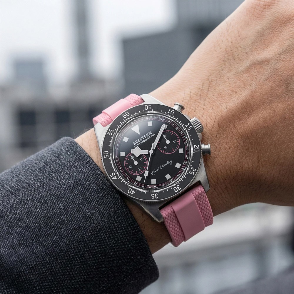 Seestern S443 Mechanical Chronograph Steel Black Pink Rubber Sapphire Men’s Watch