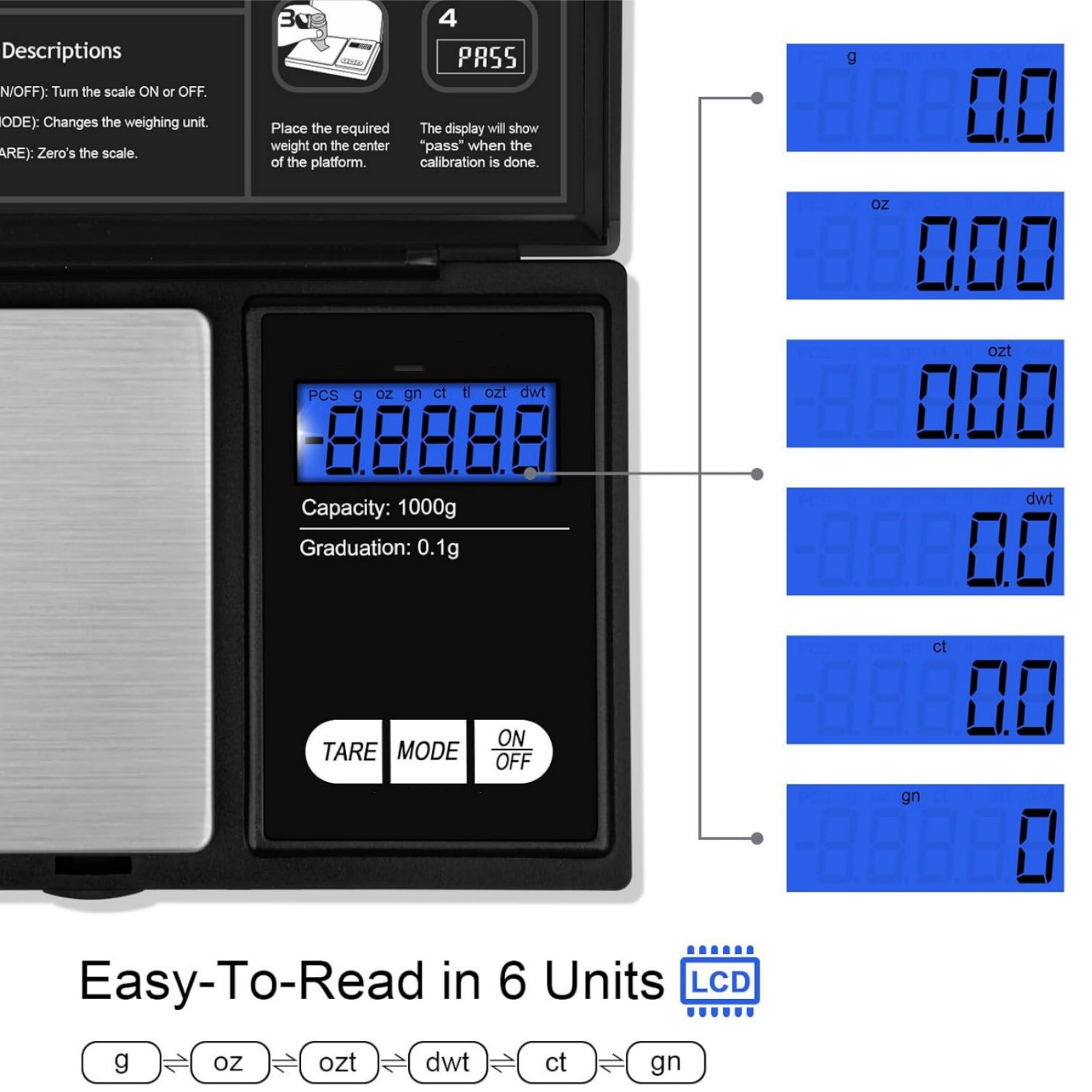 Digital Scale 1000g/0.1g Pocket Size with 6 Units Grams Ounces Grains Carats