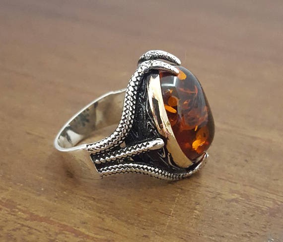 Solid 925 Sterling Silver Natural Baltic Amber Gemstone Signet Men’s Unisex Ring
