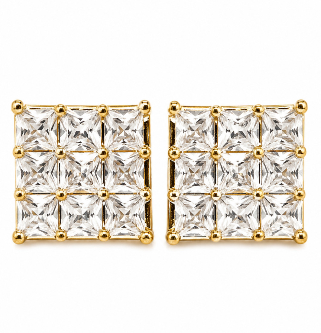 Real 1/200 14K Yellow Gold Oro Kite Cluster Stud Earrings Pendientes Ladies Men