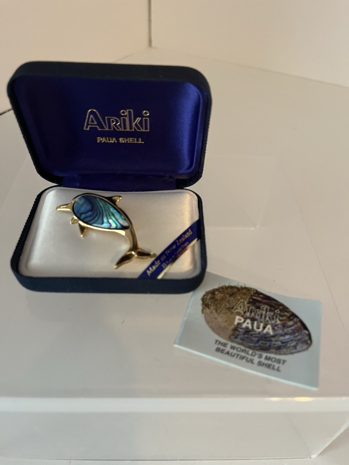 Ariki Paua Shell Dolphin Brooch 22k Gold Plated Original Box