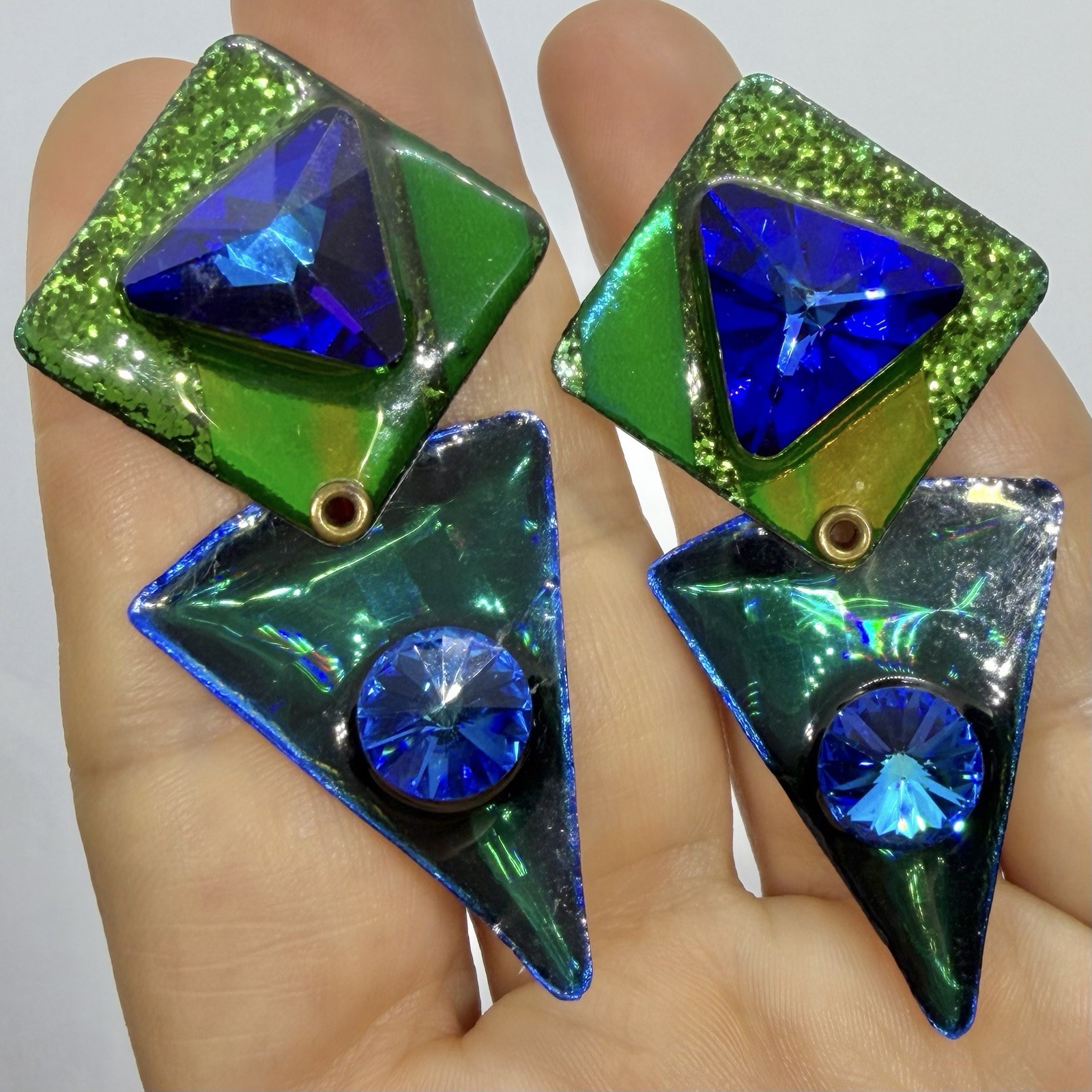 Vtg NEW MAM Style Green Blue Jewel Geometric Hologram Statement Earrings Post