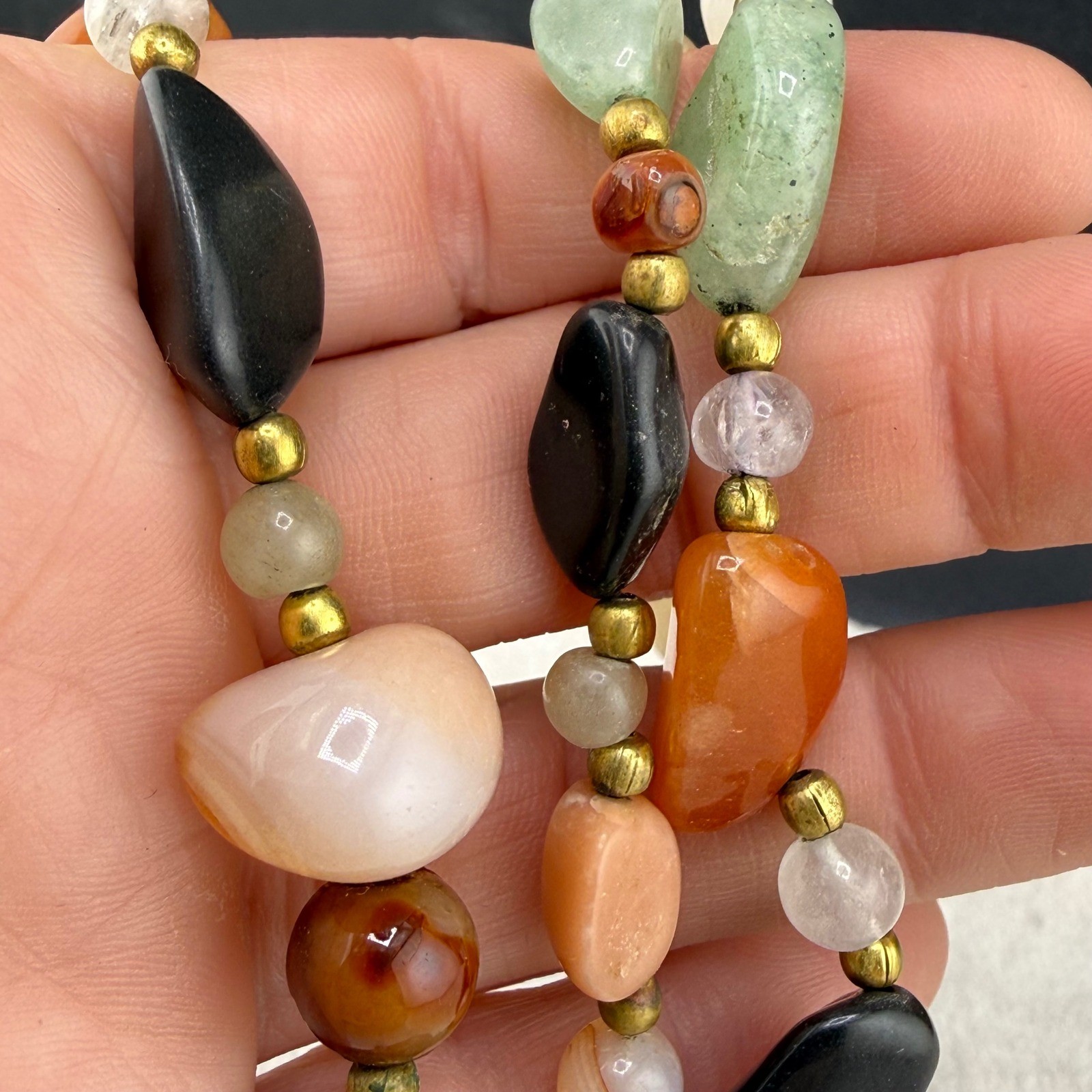 Vintage Beggars Bead Polished Stone Necklace Tumbled Semi Precious 23in