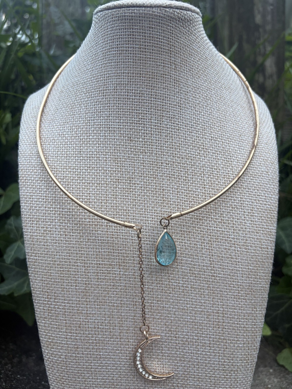 Gold Tone Crescent Moon Teardrop Aquamarine Rhinestone Open Collar Choker