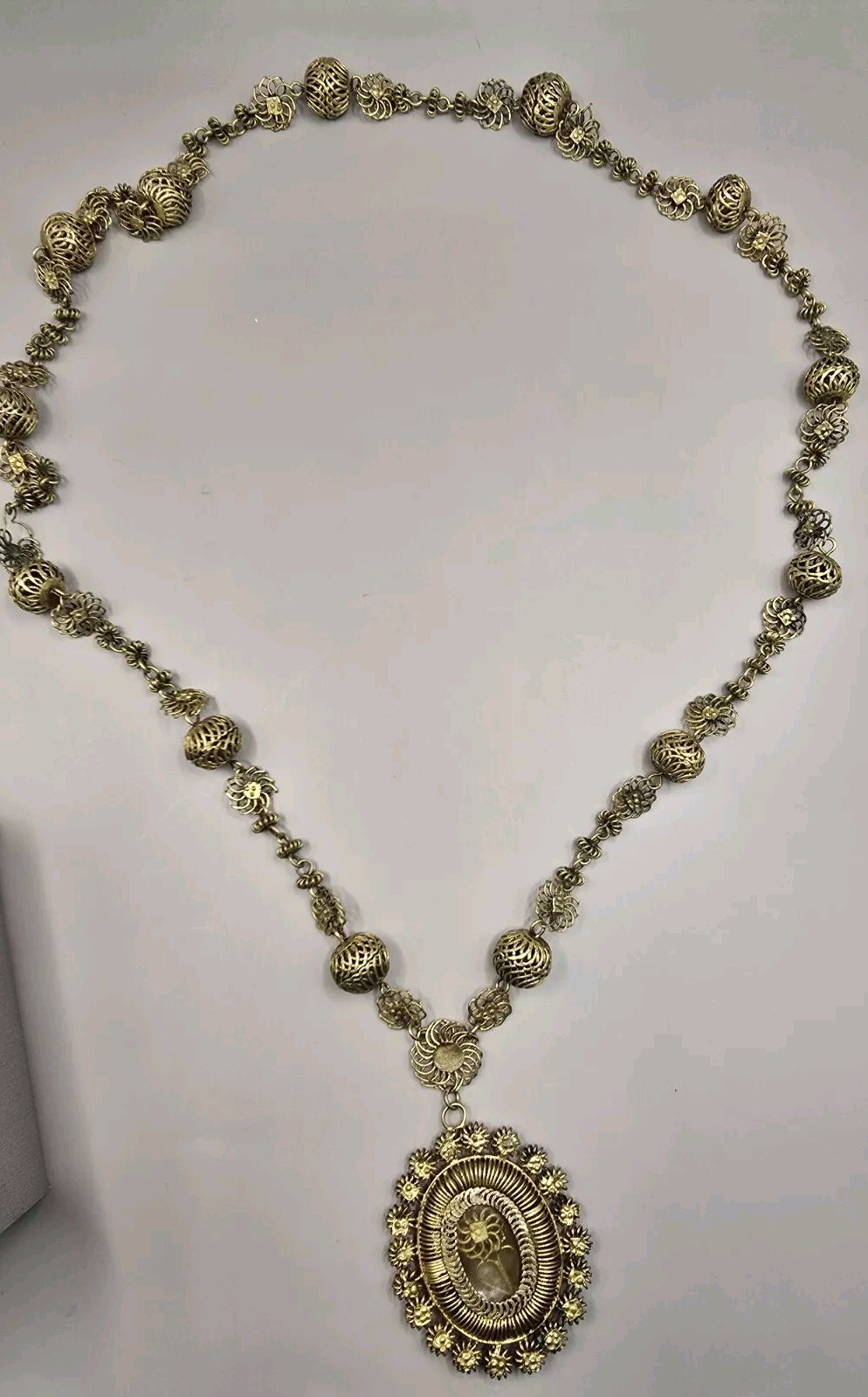 Philippines Tambourine Reliquary Gilt Copper Filigree Pendant Necklace Tamborin