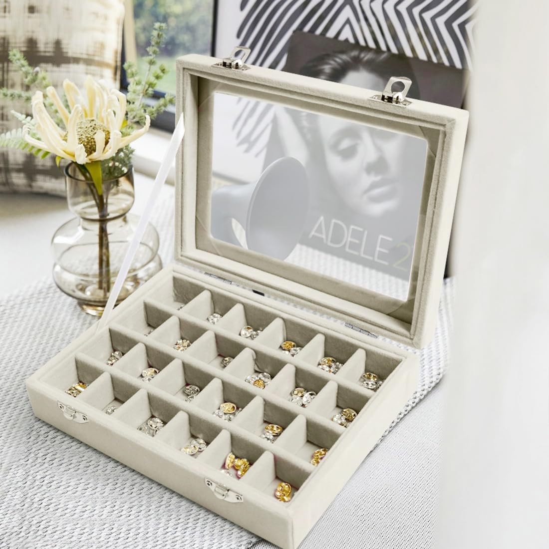 Jewelry Box 24 Grid Velvet Earrings Holder Tray Detachable Earring Ring Case Jew