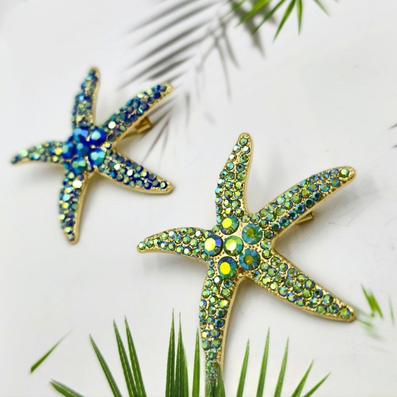 2Pcs Elegant Rhinestone Starfish Brooches Zinc Alloy Beach Theme Party Gift