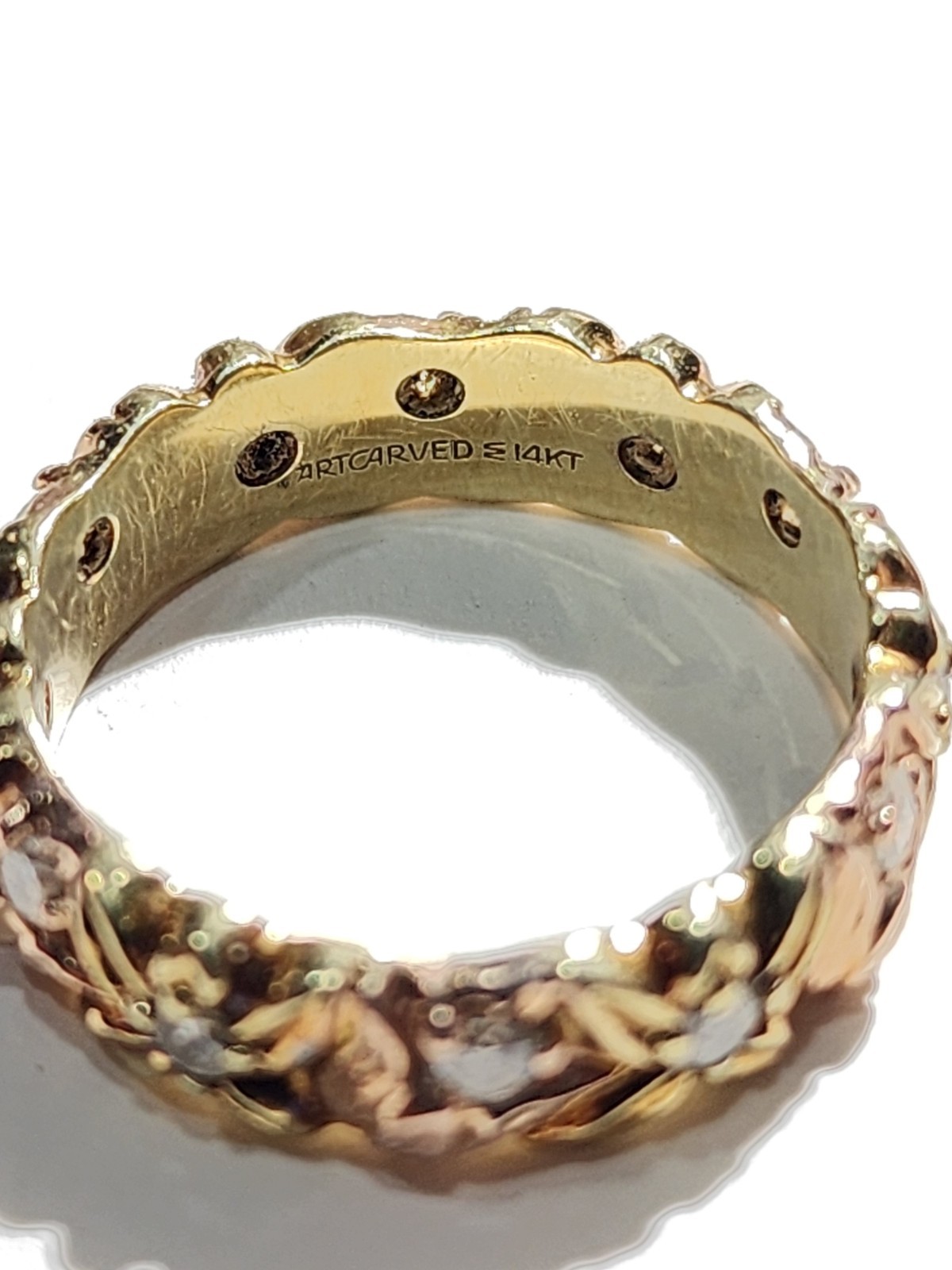 Rare Vintage ArtCarved 14K Yellow & Rose Gold Floral Diamond Eternity Ring- Sz 7