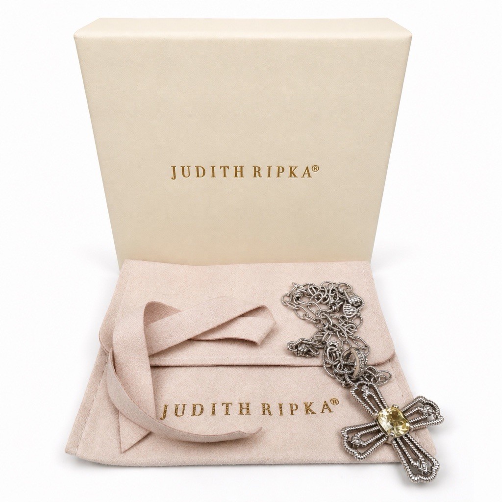 Judith Ripka Sterling Silver Canary Quartz Cross Pendant Station Link Chain