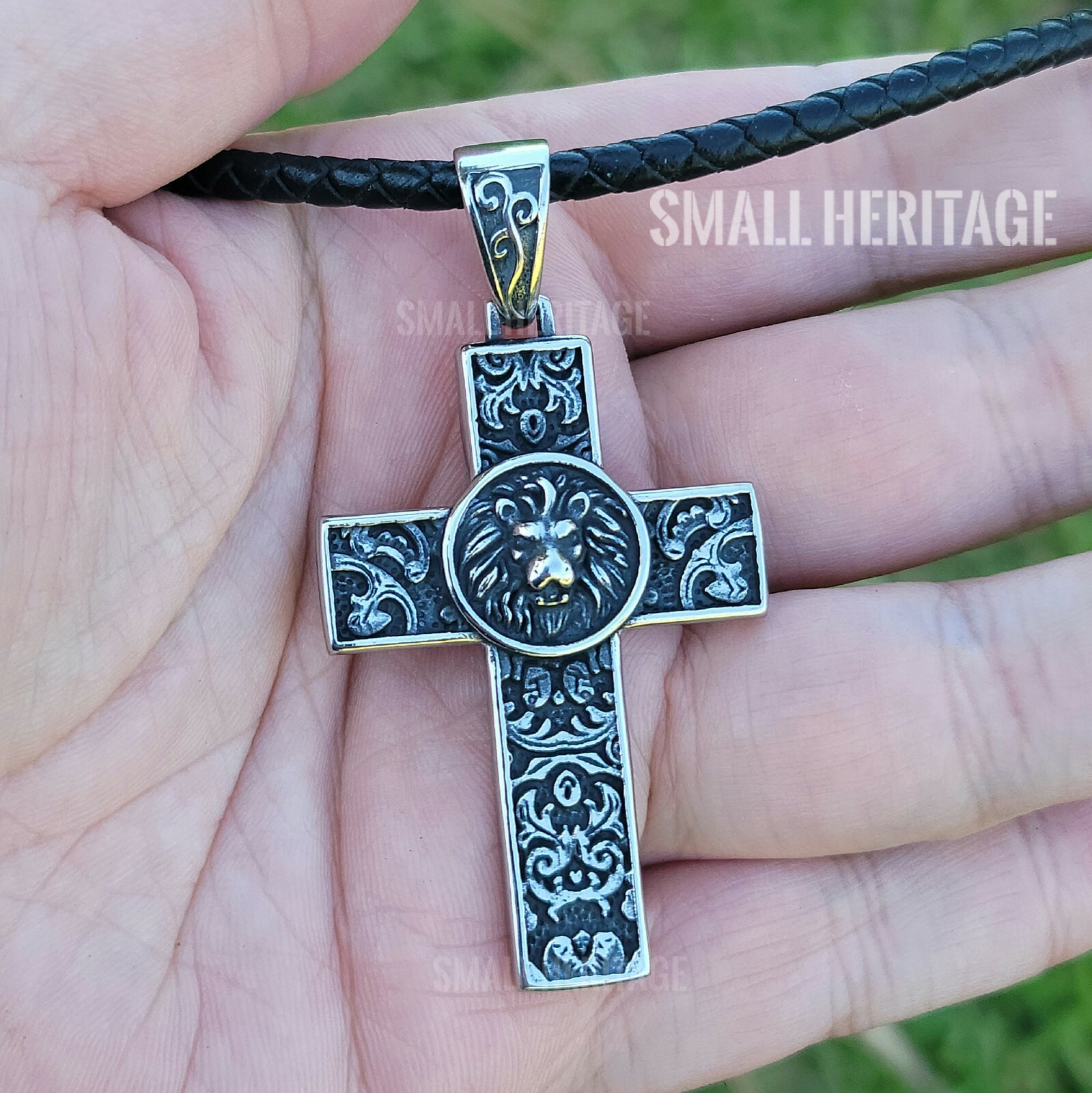 Stainless Steel Lion Cross Necklace Christian Pendant Medieval Style Men Women
