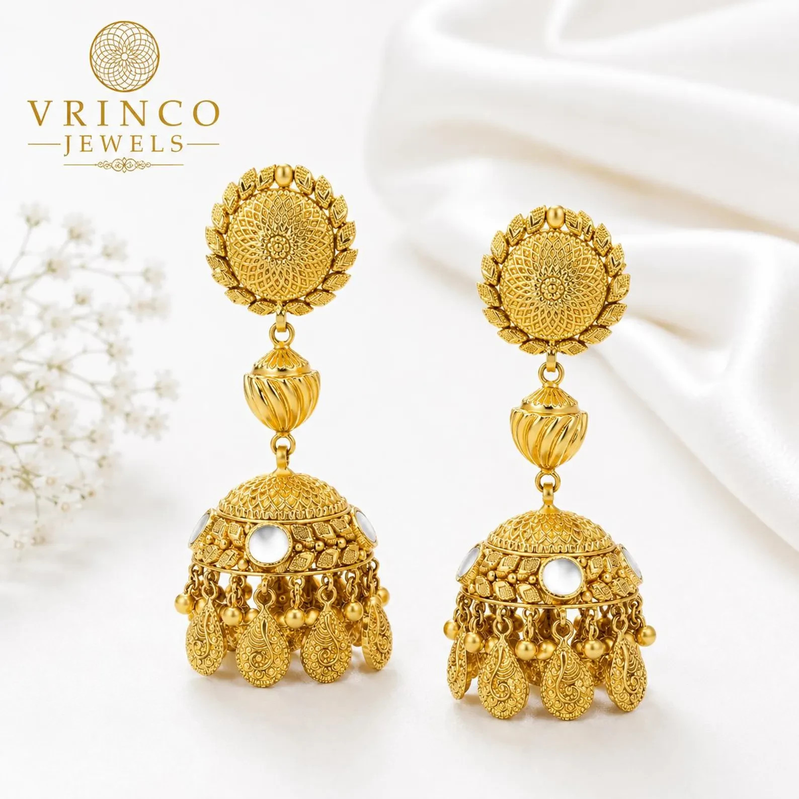 Tawny 22KT Hallmarked Yellow Gold Jhumka Earrings Traditional Long Bridal Jewelr