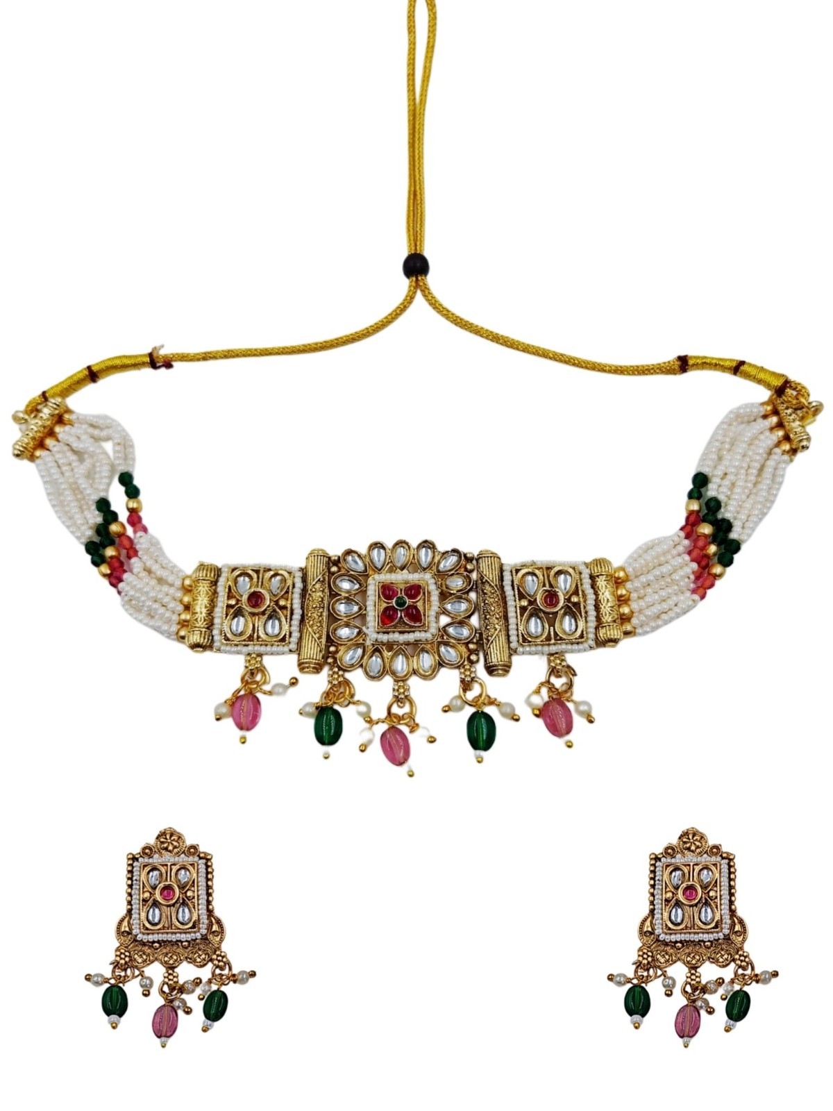 Bollywood Rajwadi Kundan Pearl Choker Set Gold Tone Bridal Wedding Jewelry