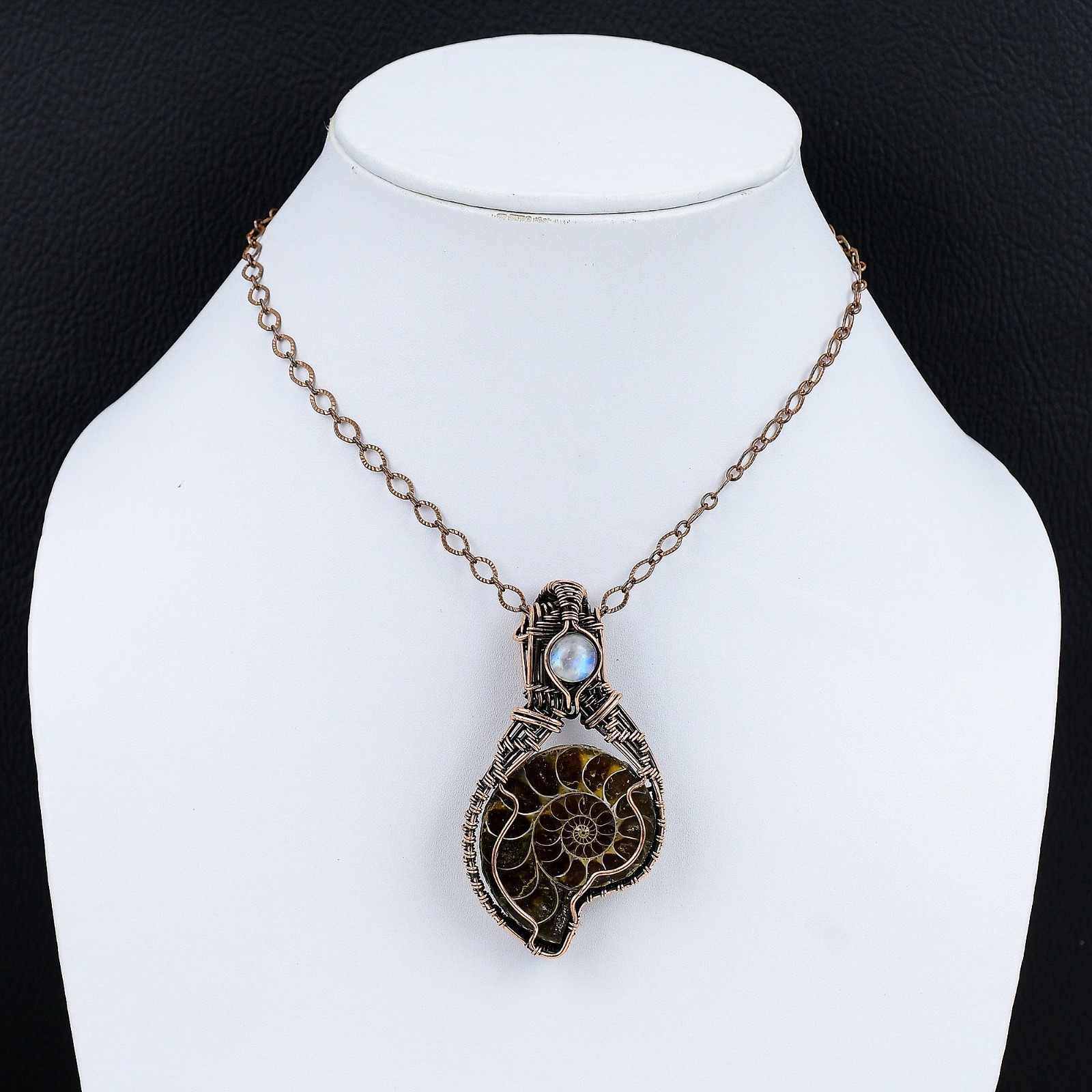 Copper Ammonite Fossil Stone Rainbow Moonstone Unique New Wire Wrapped Pendant