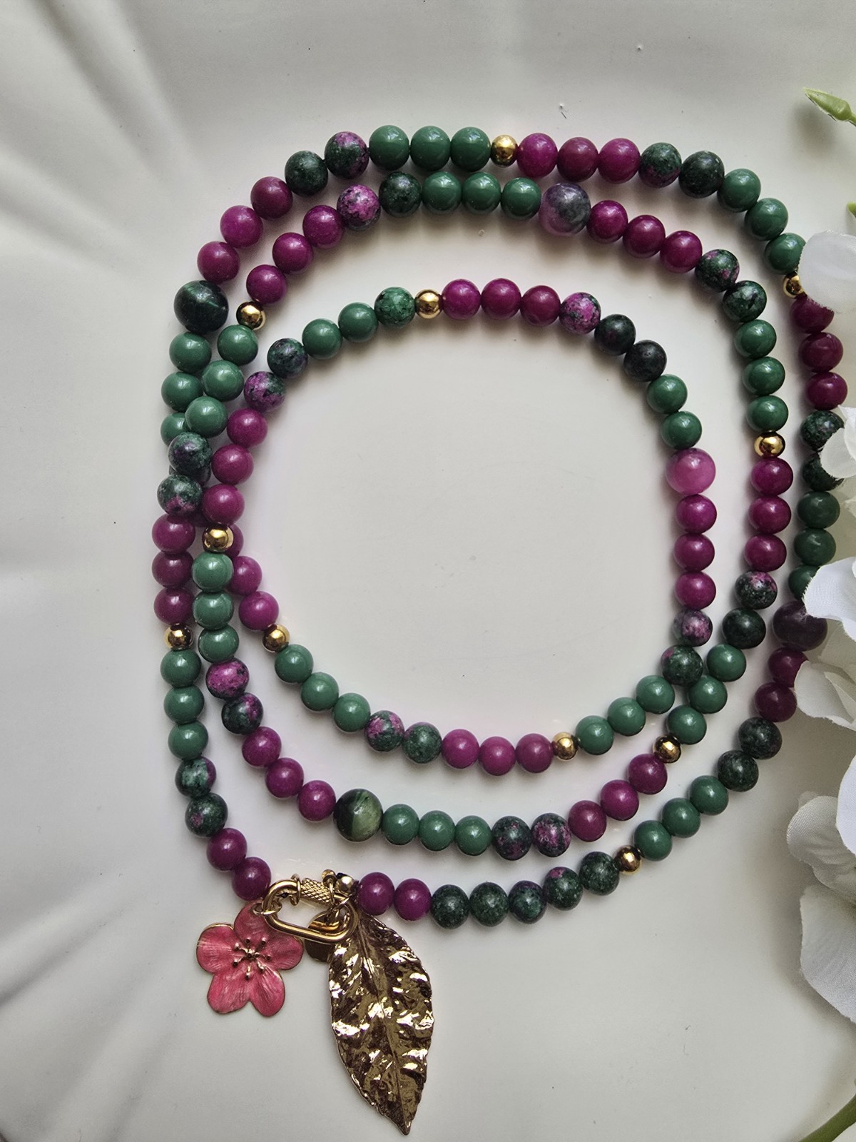 Green & Purple Stone Beaded Necklace w/ Gold Tone Leaf & Pink Flower Charms