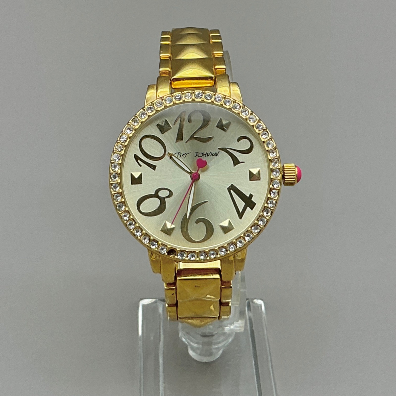Betsey Johnson Watch Women Gold Tone Crystal Studded Pyramid Link NEW BATTERY