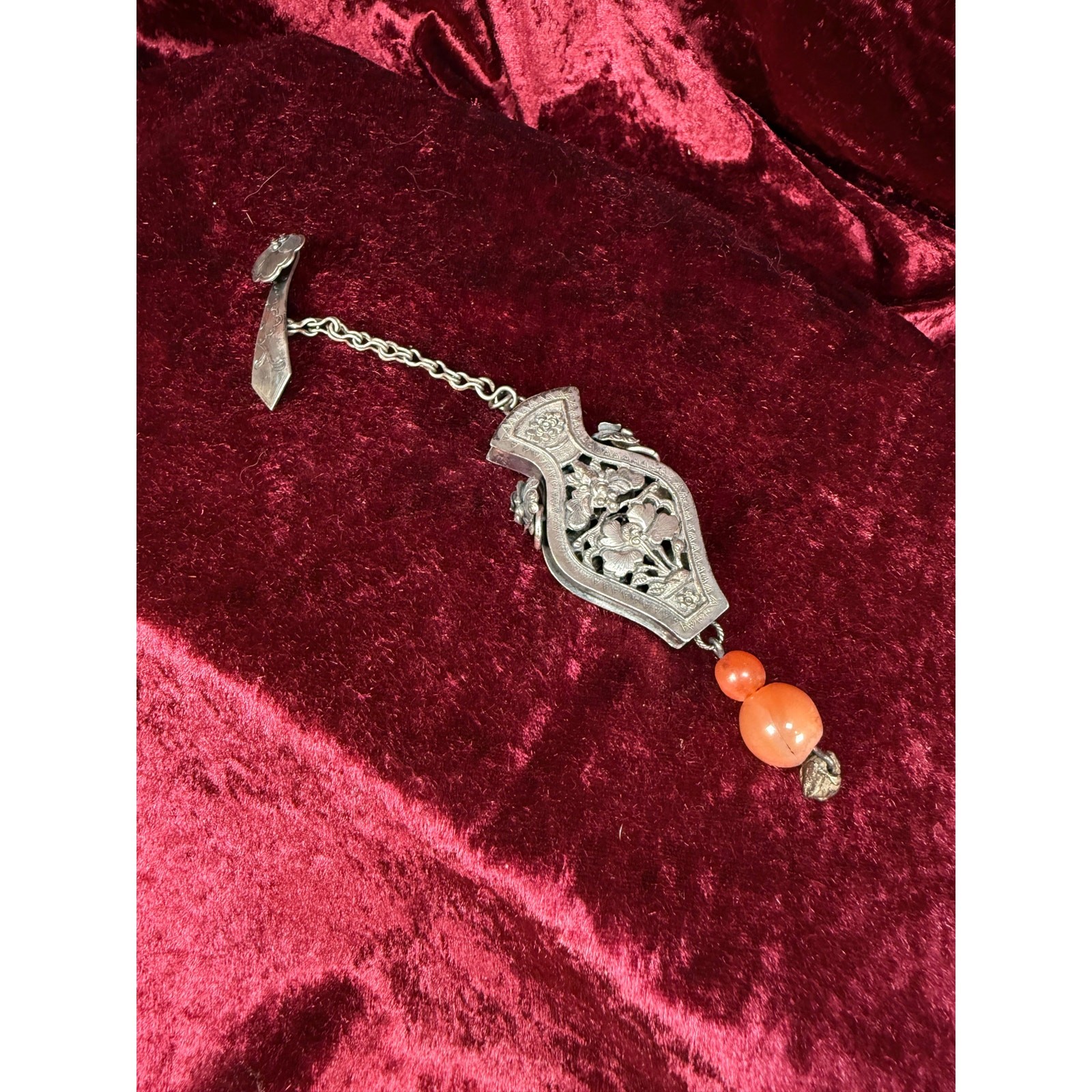 Antique Silver Needle Case Pendant Chatelaine Carnelian Bead Late Qing Dynasty