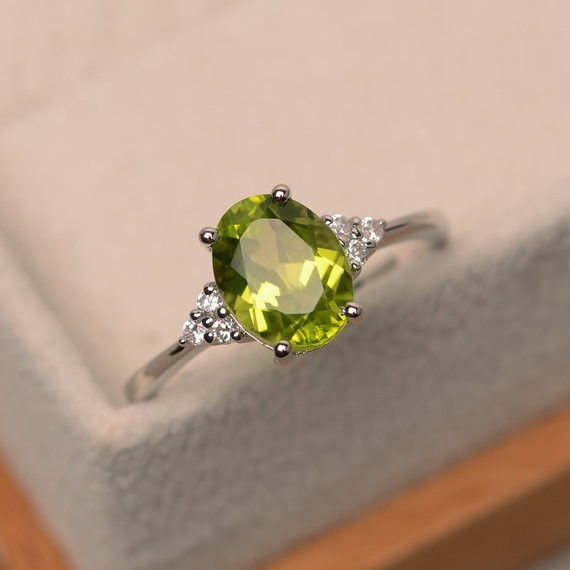 2.15 Ct Oval Cut Natural Peridot Diamond Wedding Ring 14K White Gold Size 7