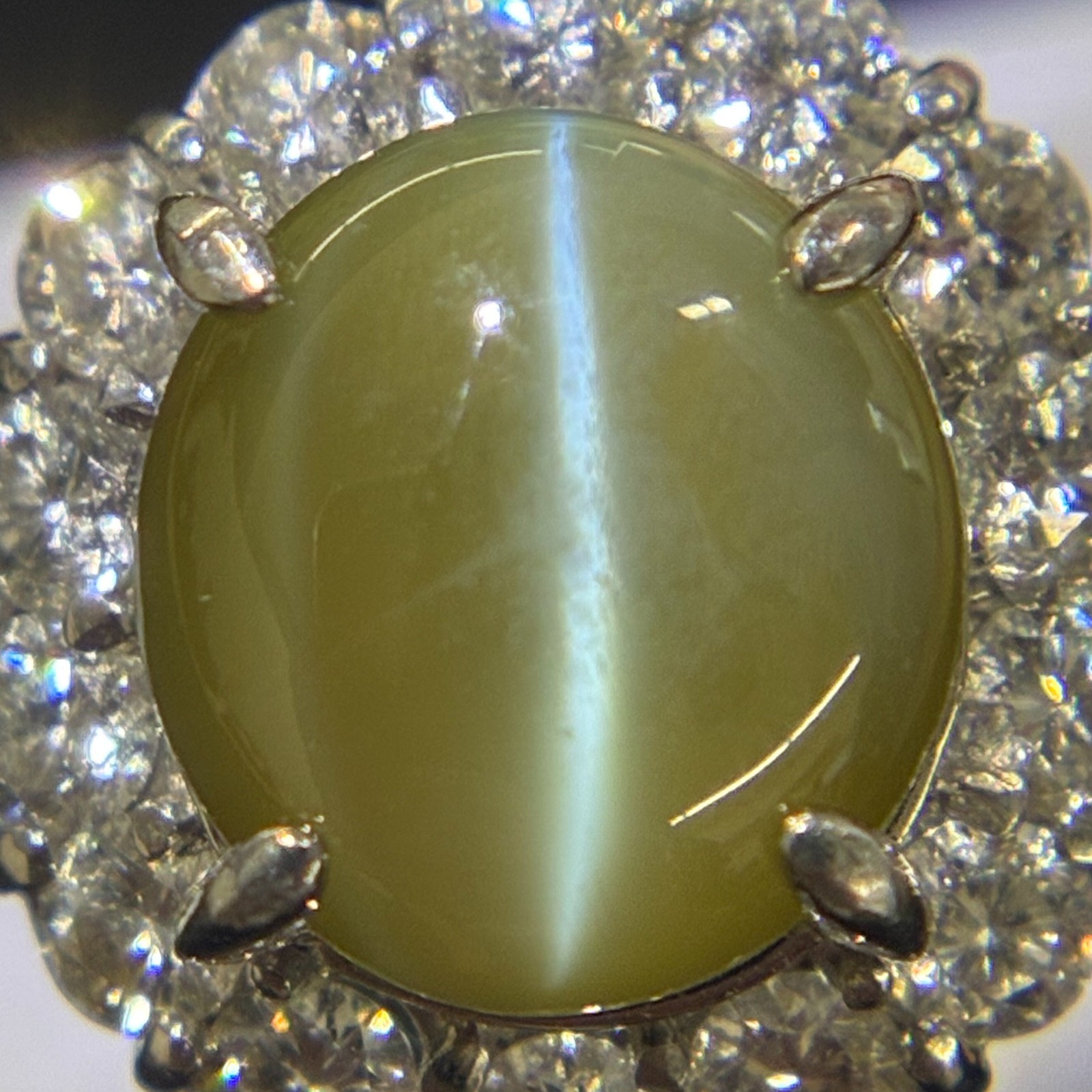 Pt900 Platinum Chrysoberyl Cat’s Eye 5.743ct Diamond Ring Size US 6.5