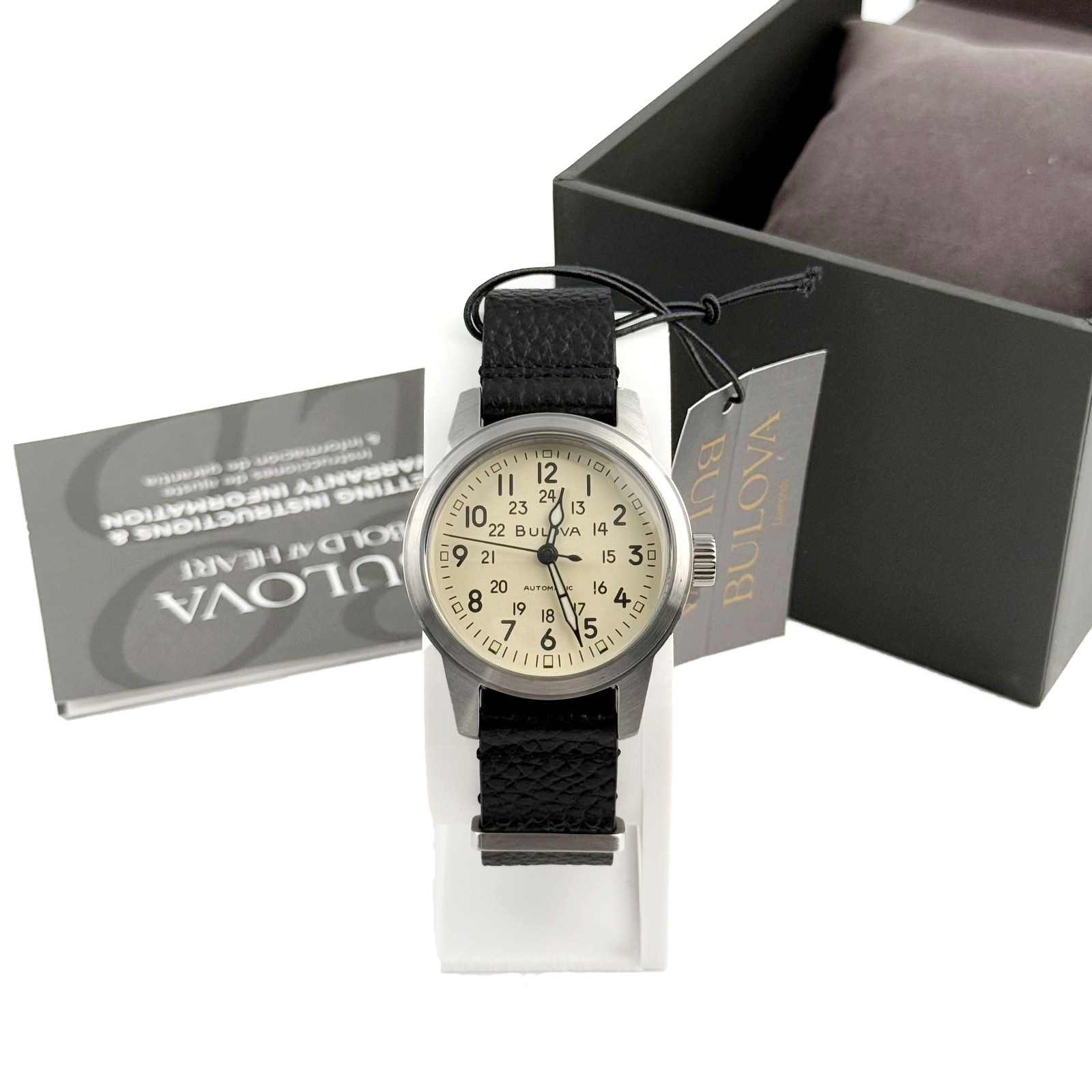 Bulova Hack 96A246 Men’s Watch Ivory Dial Automatic Black Leather Strap 38 mm