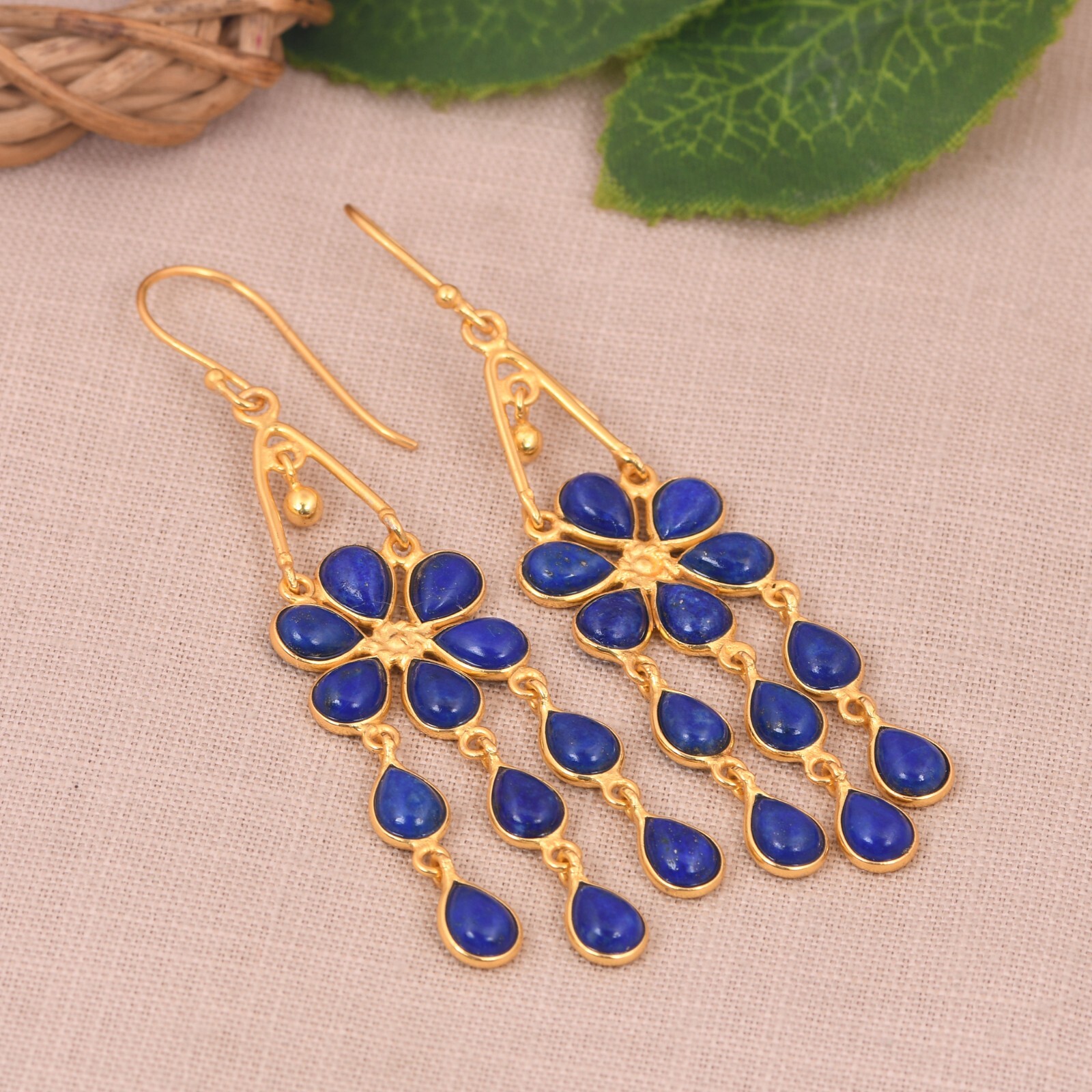 Artisan Fringe Drop Gold Plated Women’s Earrings Lapis Lazuli For Birthday Gift