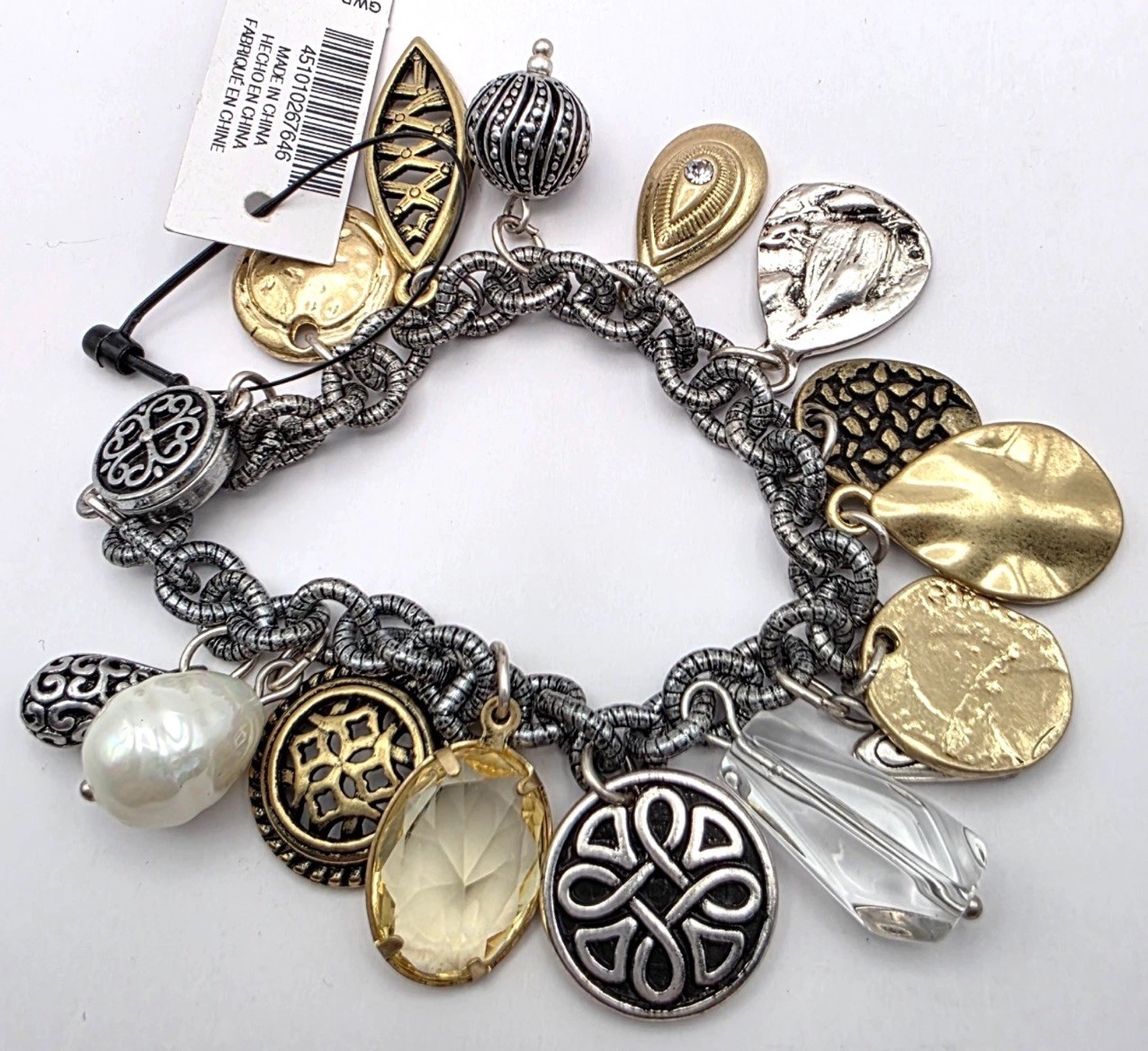 NWT~ Chico’s Charm Bracelet Silver Gold Coin Beads Crystals Magnetic Closure