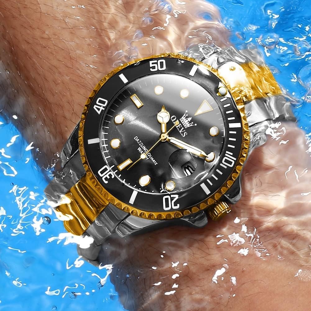 Stainless Steel Two-Tone Men’s Watch – Big Face with Date, Waterproof & Luminous