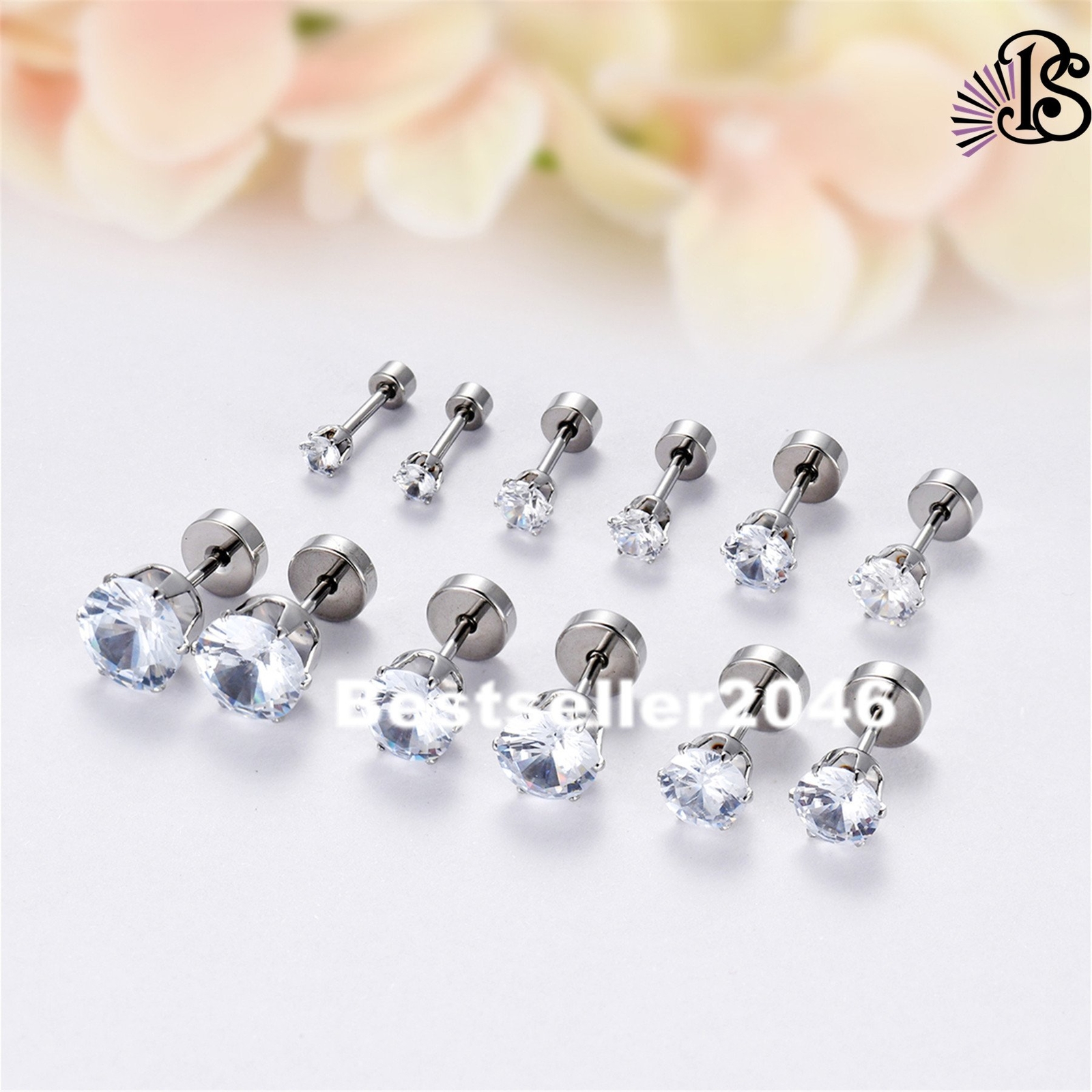6 Pairs Stainless Steel Round Cubic Zirconia Stud Earrings Set for Men Women