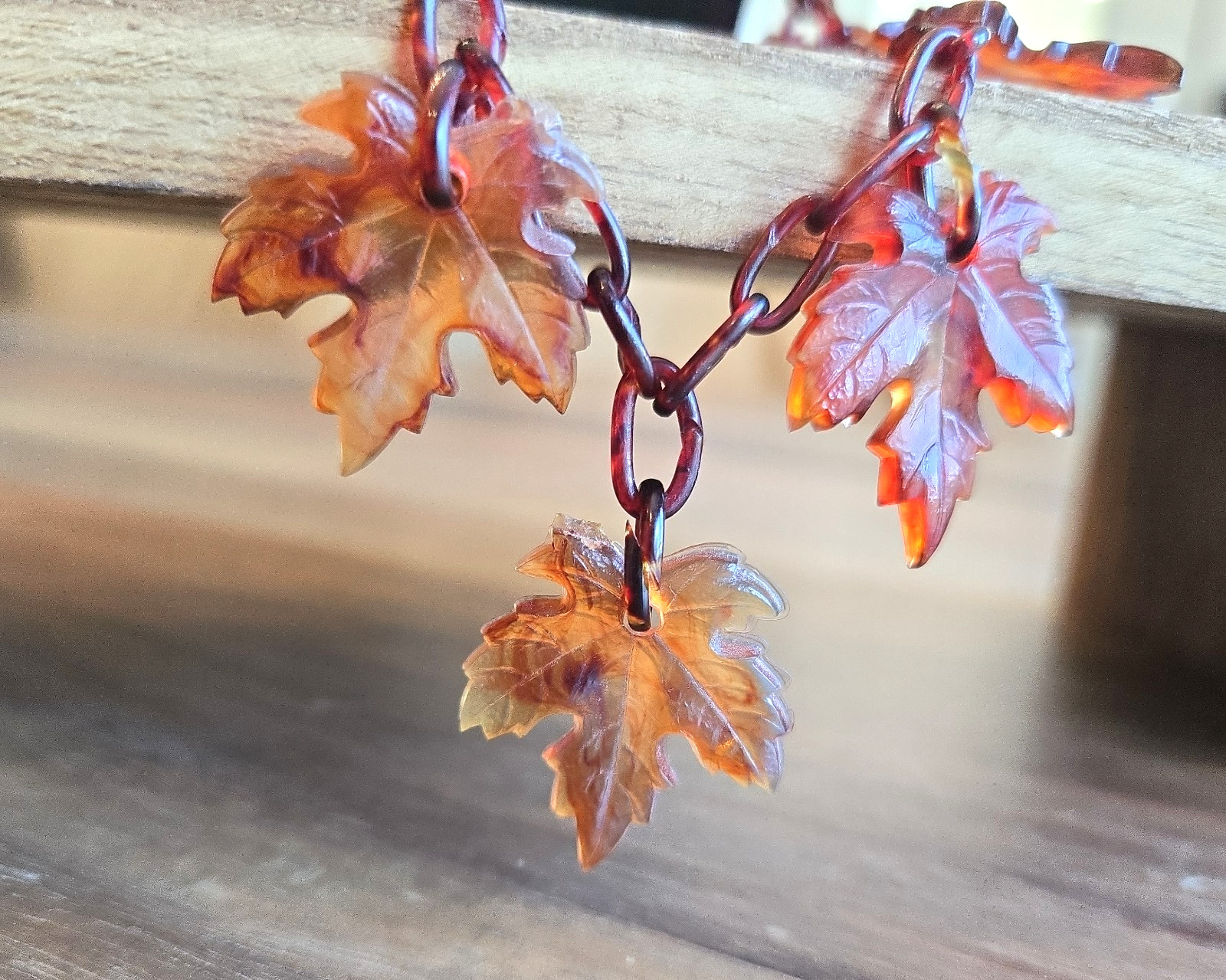 Vintage Translucent Celluloid Dangling Maple Leaves Necklace Brass Brown Marbled