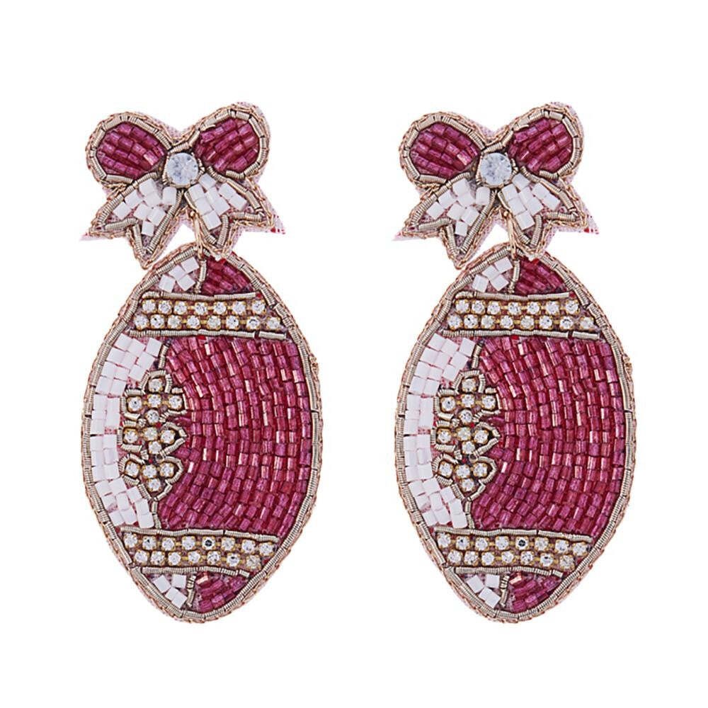 Red White Beaded Football Drop Earrings Rhinestone Bow Game Day