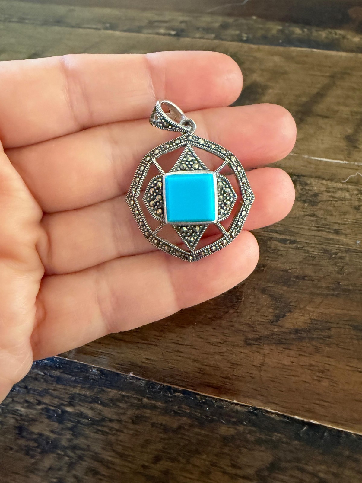 925 Starling Silver Marcasite Turquoise Earrings and Pendant Jewelery Set